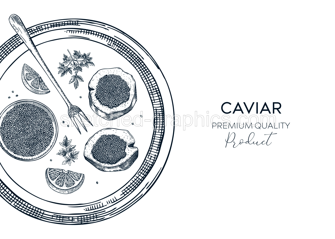 Black caviar background in sketched style. Seafood platter for restaurant menu or finger food party. Hand-drawn tray with tin can, black caviar canapes, lemons and spices sketches isolated on white Illustration
